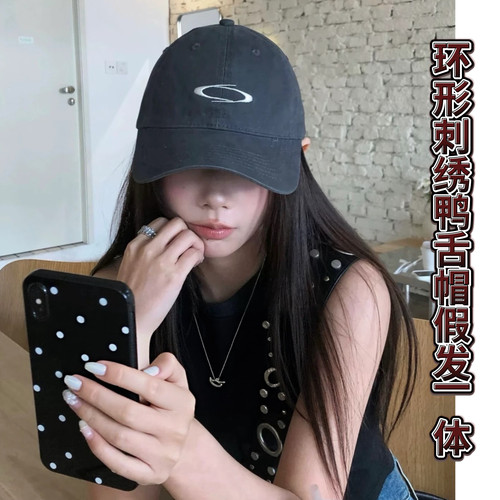 韩系环形刺绣字母棒球帽假发一体女长发宽檐大头围显脸小鸭舌帽潮