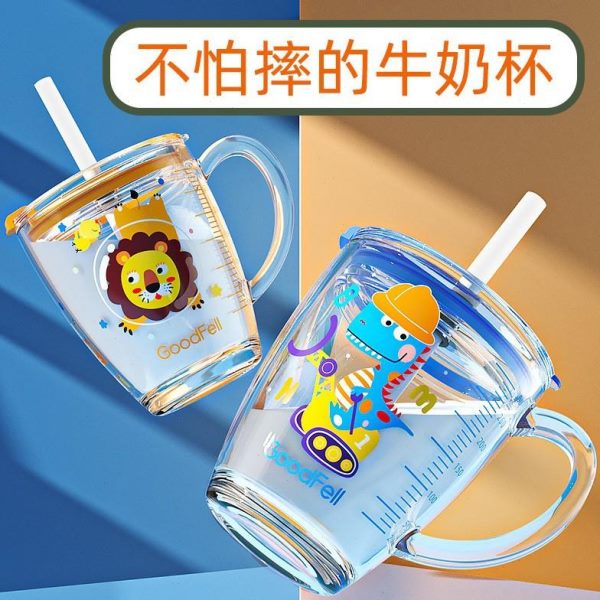 儿童卡通带盖牛奶刻度钢化子坊摔带加厚吸管水杯玻璃杯早餐杯刻度