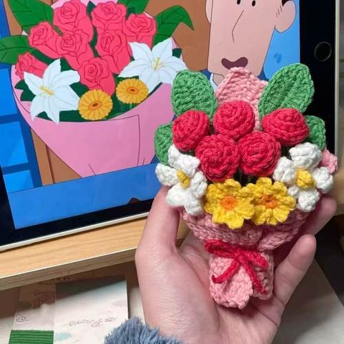 广志送美伢的花毛线钩针玫瑰花束