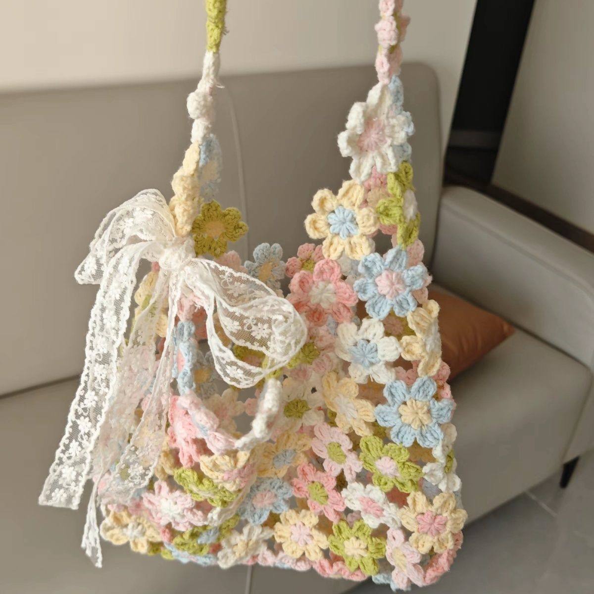 手工钩织彩虹花片拼接镂空单肩包diy材料包自制大包礼物送女友