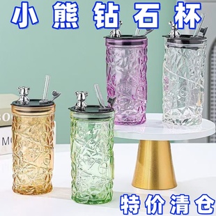 水杯玻璃杯小熊可爱高颜值茶杯ins办公室家用带盖果汁杯子吸管
