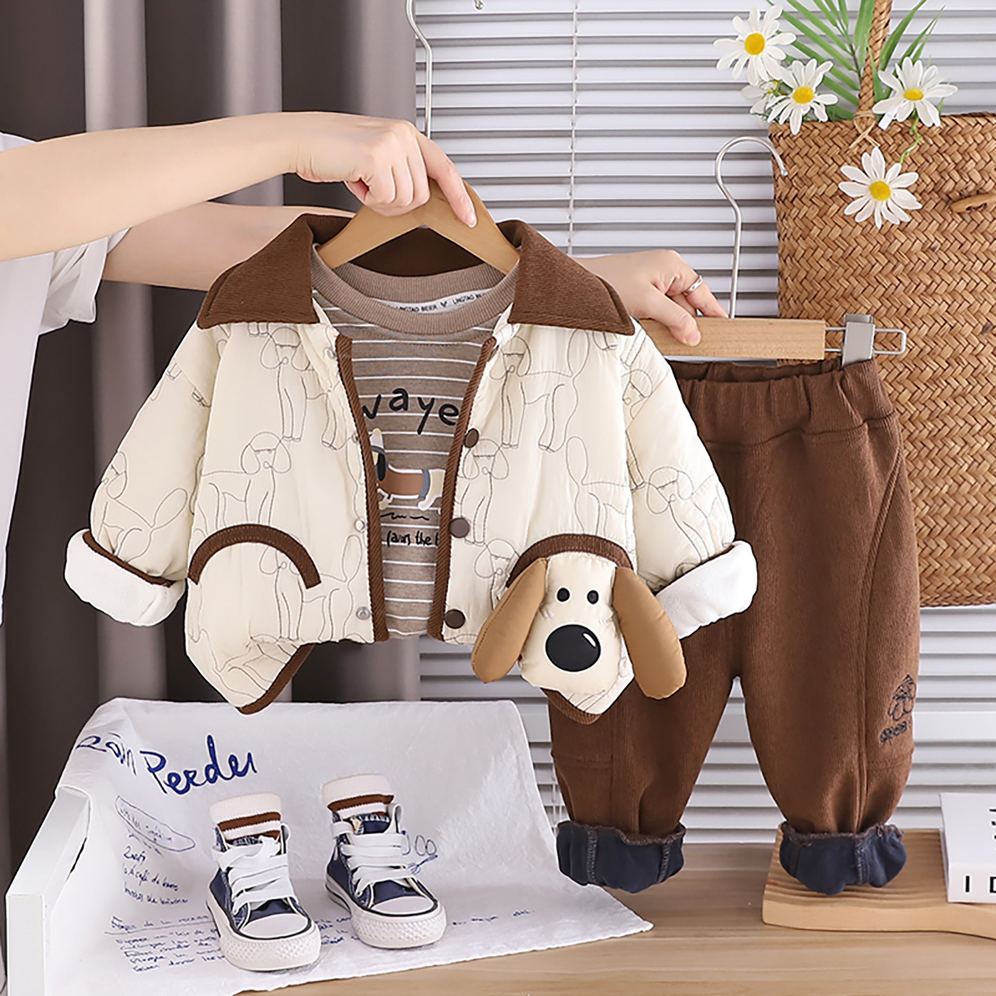 男童套装2025新款冬季加绒加厚卫衣棉服袄夹克三件套宝宝百搭小童