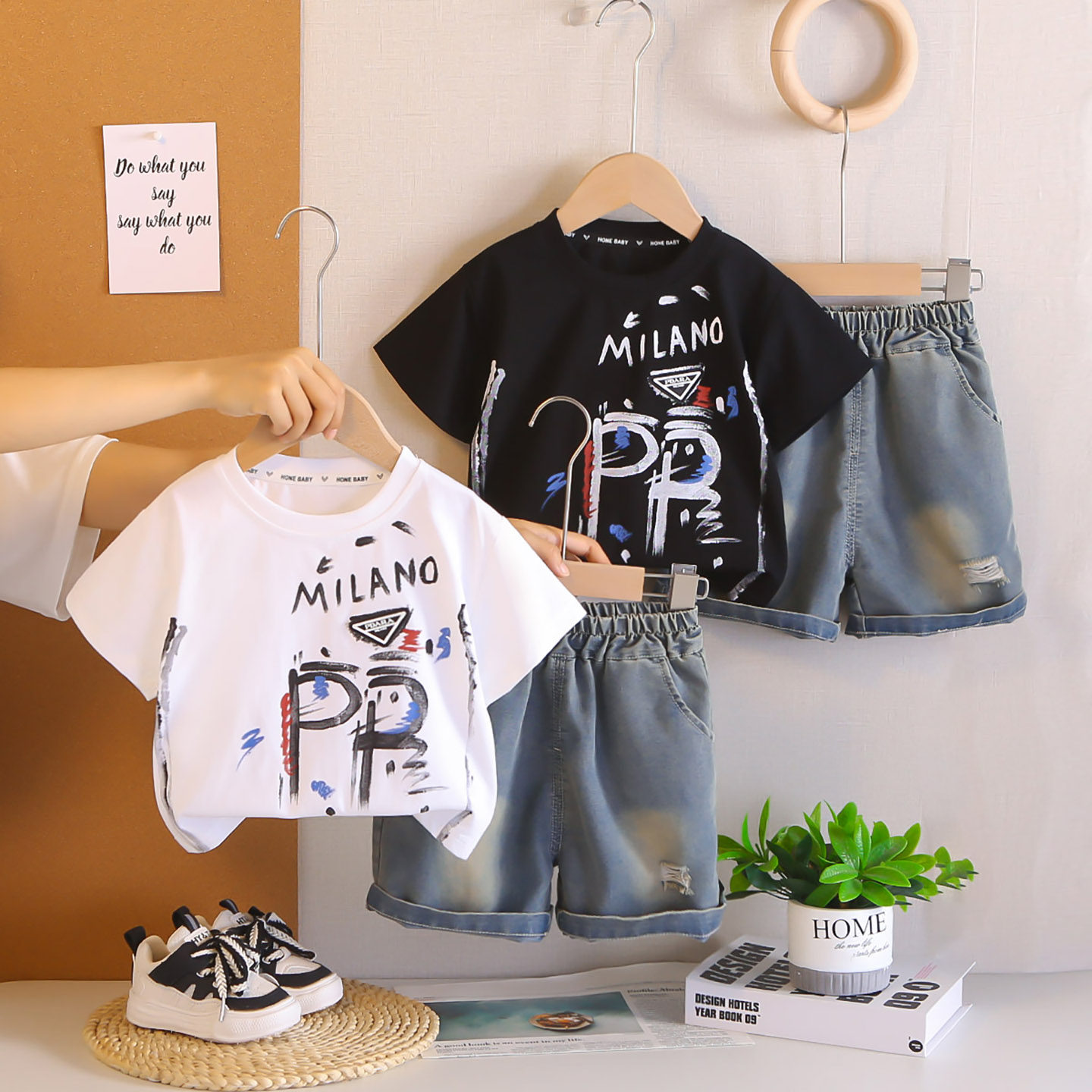 新款男童夏季薄款休闲圆领短袖两件套装 宝宝帅气T恤牛仔短裤潮酷