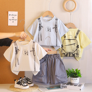 2026新款男童夏季薄款圆领短袖T恤两件套装 休闲帅所潮酷男孩套头