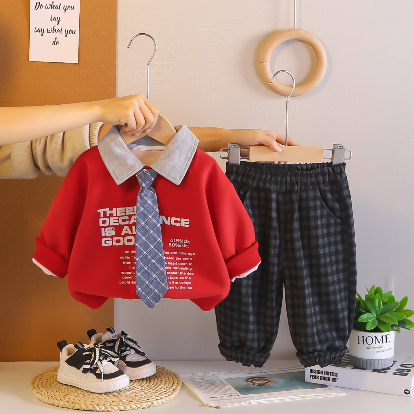 2026新款男童春秋学院风领带polo卫衣两件套装小男孩宝宝帅气衣服