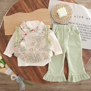 女童套装2025新款春秋季婴儿新中式国古风马甲三件套宝宝小童衣服