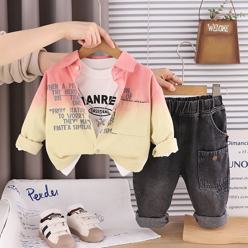 2026新款男童春秋休闲三件套渐变衬衫牛仔裤套装时尚洋气痞帅潮酷