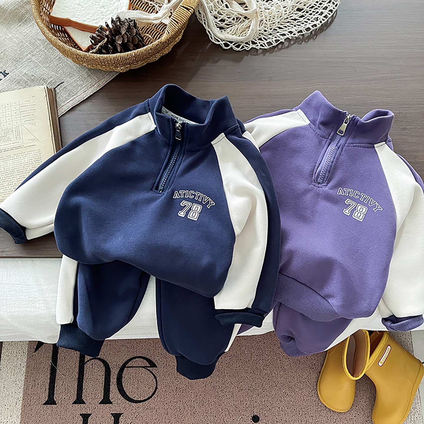 男童套装2025新款春秋季洋气休闲卫衣女宝宝衣服立领半拉两件套潮