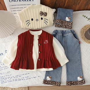2026新款女童春秋卡通针织毛衣开衫马甲外套三件套时髦韩版洋气潮
