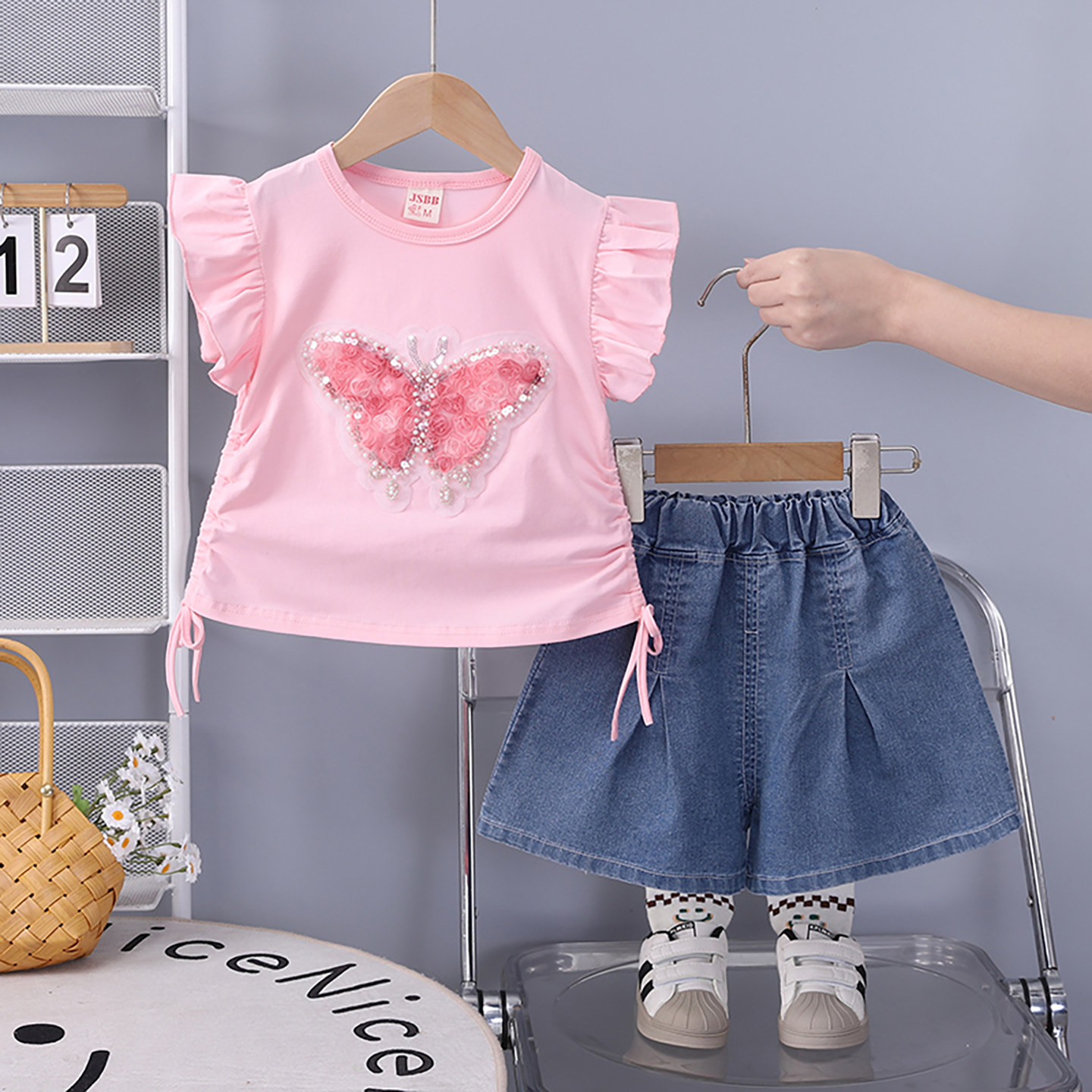 2026新款女童夏季薄款蝴蝶印花小飞袖圆领T恤牛仔短裤短袖两件套