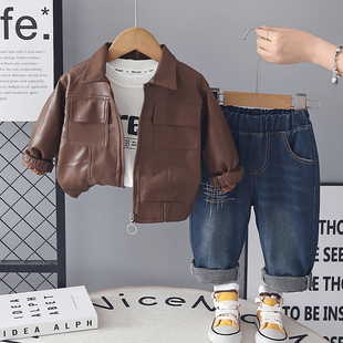 2026新款男童休闲皮衣套装春秋韩版痞帅夹克外套牛仔裤两件套潮酷