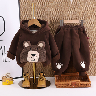 男童套装2025新款秋冬季加绒加厚连帽卫衣两件套宝宝洋气百搭小童