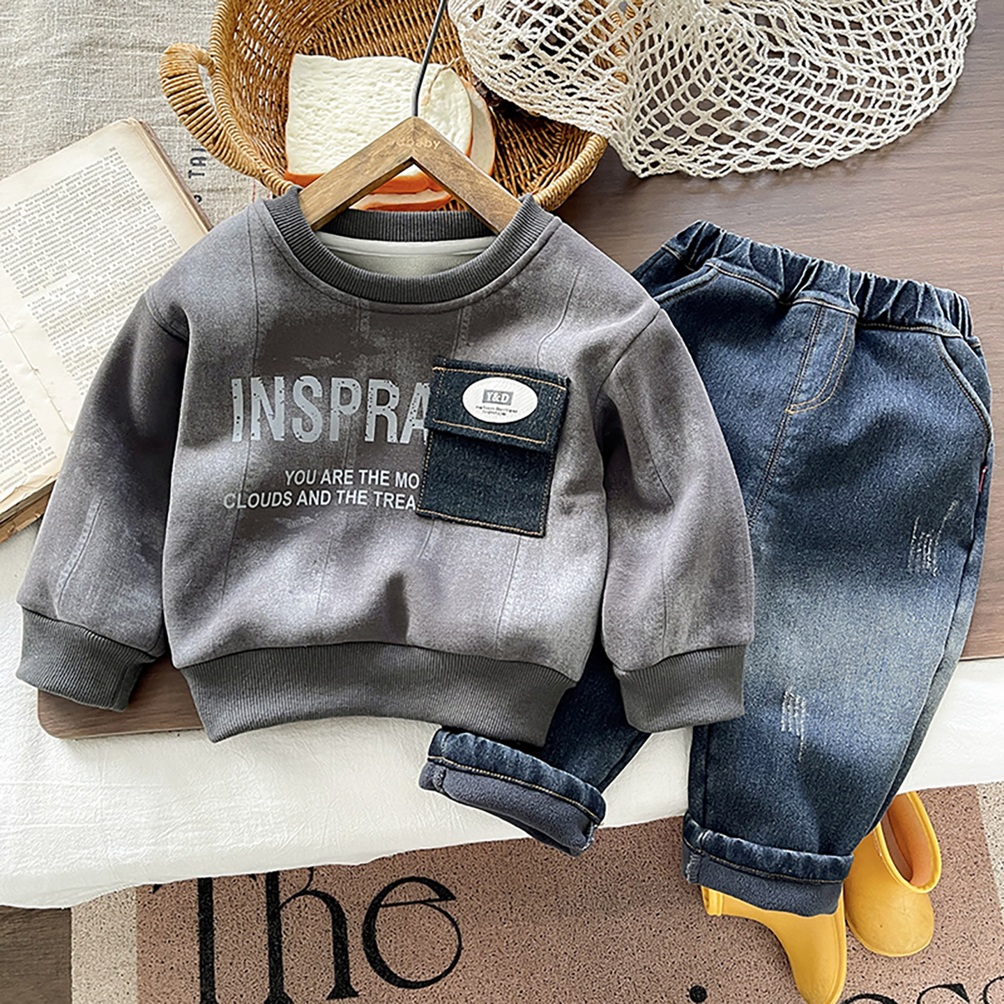 男童套装2025新款秋冬季帅气加绒卫衣两件套小宝宝洋气百搭小童潮