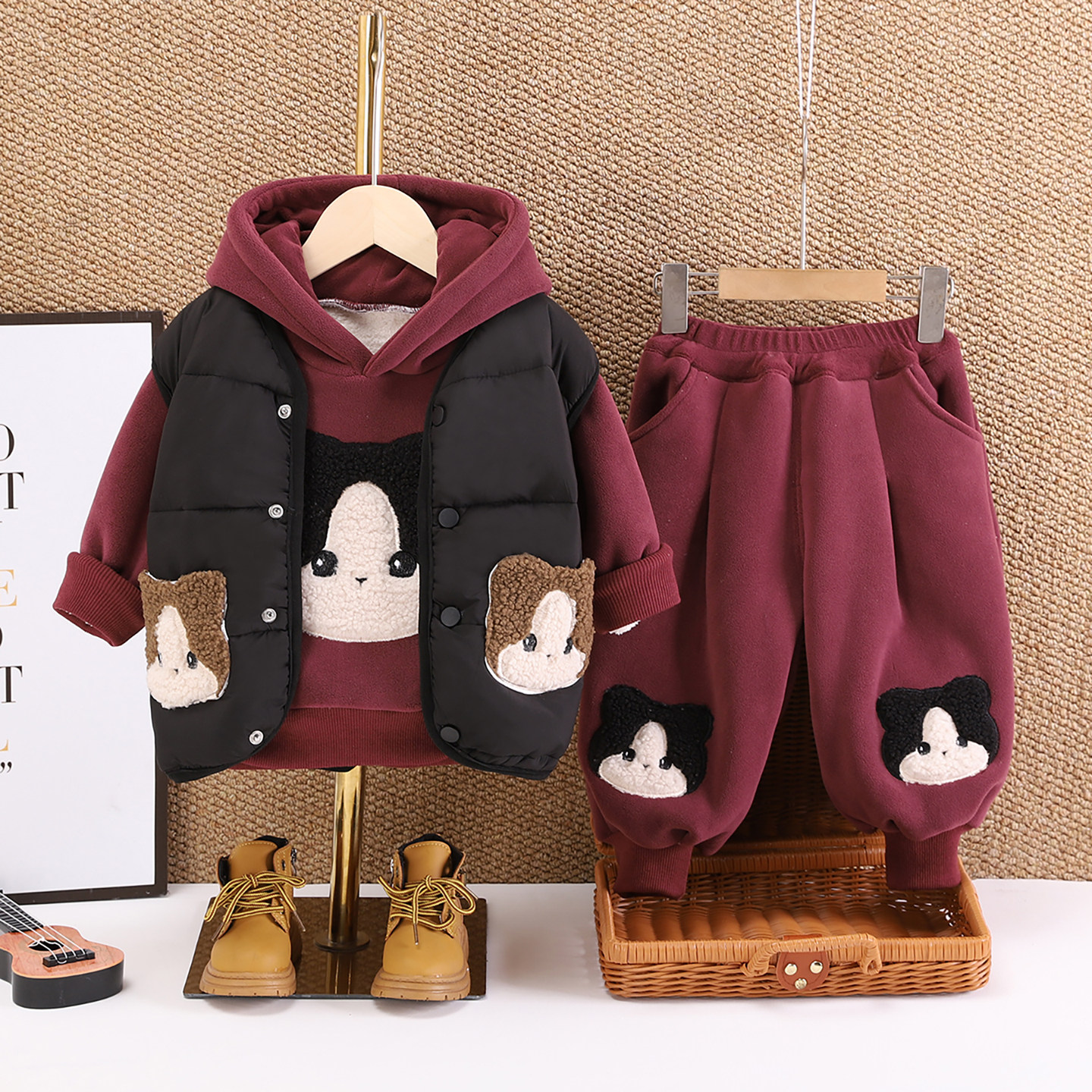 男童套装2025新款冬季加绒加厚卫衣马甲棉袄服三件套宝宝洋气百搭