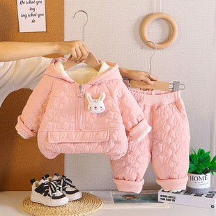 女童套装2025新款冬季加绒加厚棉衣服半拉卫衣两件套小宝宝保暖潮