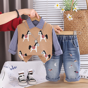 2026新款韩版男童春秋针织毛衣马甲格子衬衫牛仔裤休闲三件套装潮