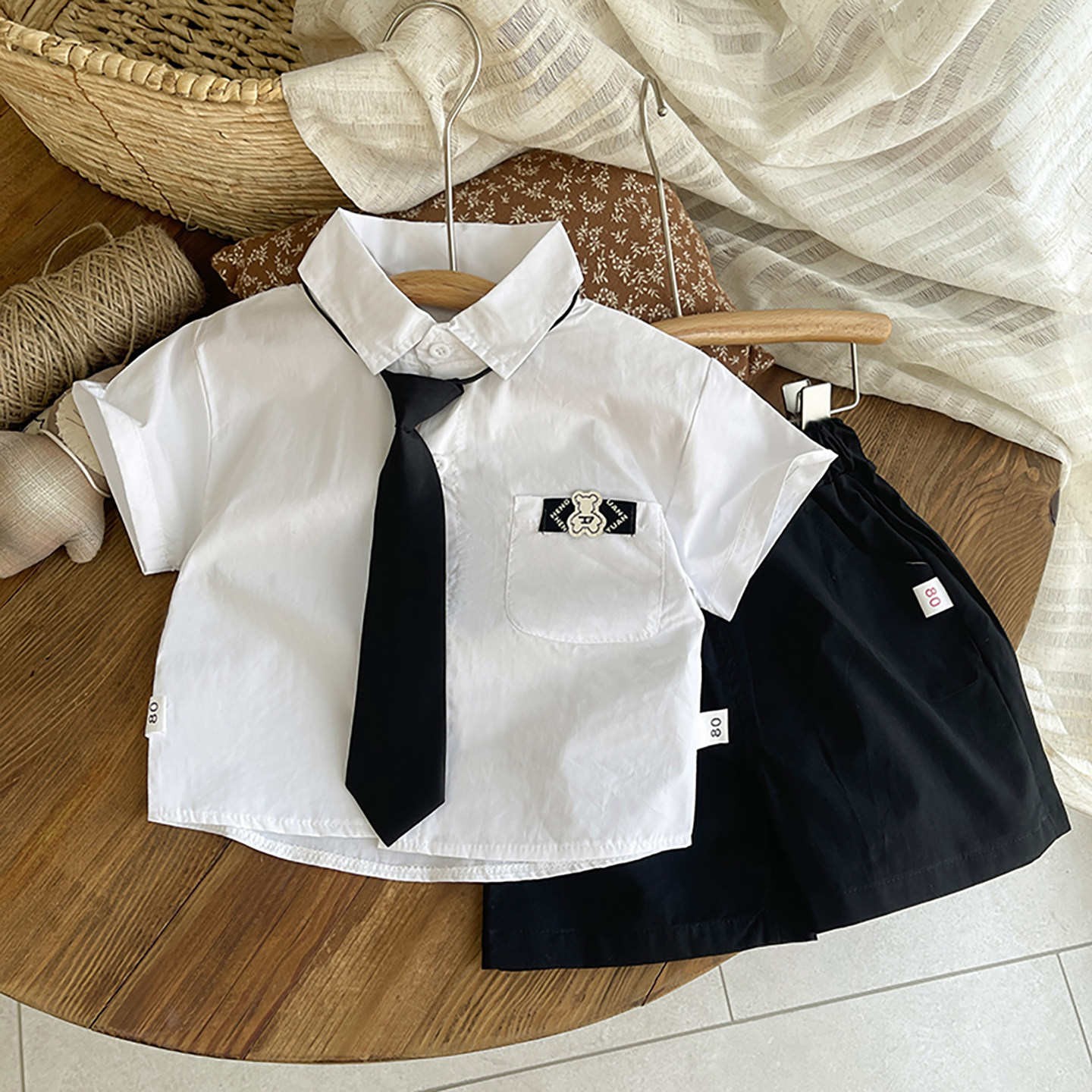 2026新款男童夏季薄领带短袖衬衫两件套装学院风小西装休闲帅气潮