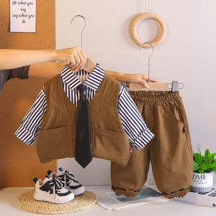2026新款男童春秋休闲套装3件套自带领带马甲衬衫宝宝工装潮帅气