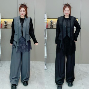 新款 蕾丝衫 大码 遮肉洋气高品西服蕾丝马甲两件套 女装 胖mm春夏季