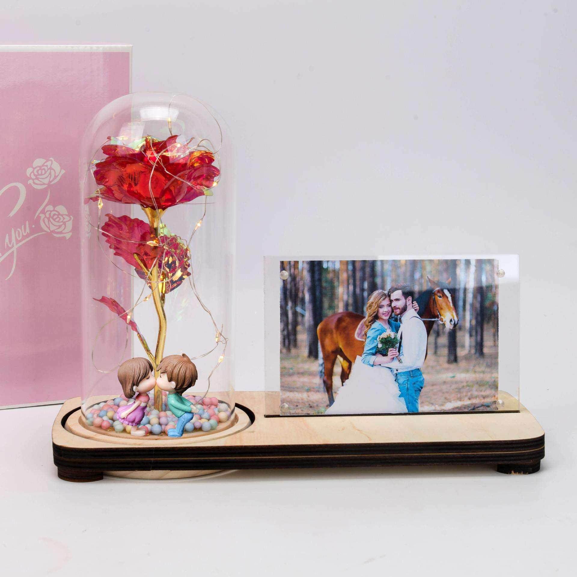 跨境新品情人节礼物玻璃罩玫瑰花音乐相框情侣桌面摆件装饰小夜灯,家居饰品,餐桌花艺,淘宝优惠券,粉丝福利购,淘宝优惠卷