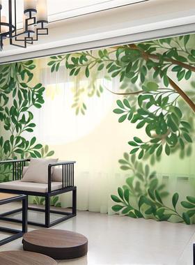 北欧ins田园风绿色窗帘风景画小清新绿植客厅阳台透光不透人纱帘