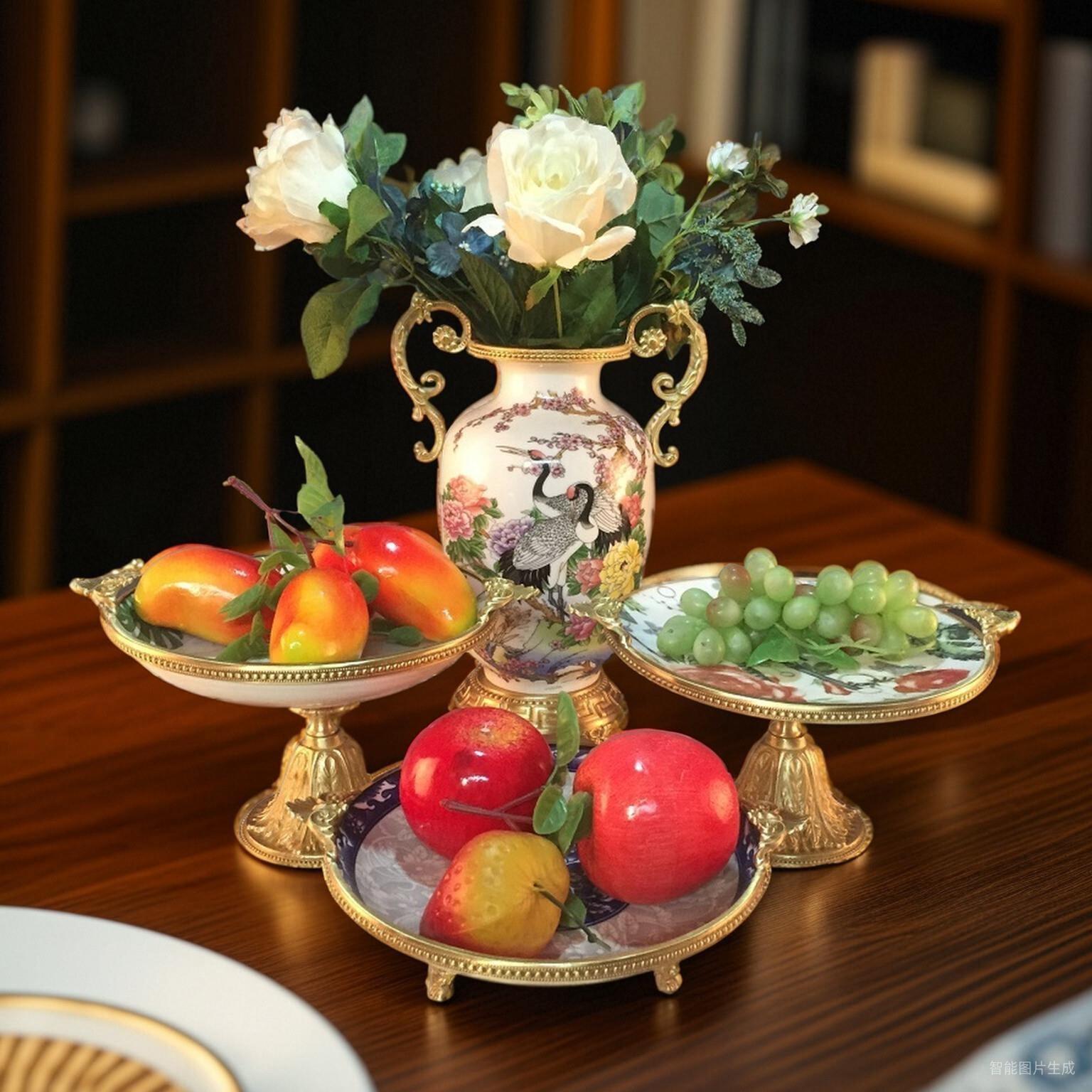 纯铜配陶瓷鲜花花瓶水果盘实用可放水易清洗新中式家居工艺品摆件