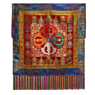 藏式经堂寺院藏族布艺红黄色十字杵八宝带彩色穗经桌供桌布法桌布