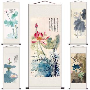 张大千红莲画名家书画荷花挂画装饰画中国画花鸟挂画客厅入口装饰