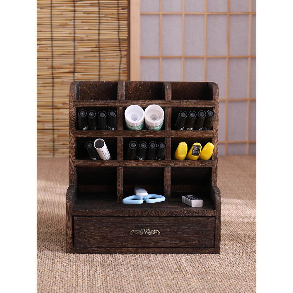 创意笔筒收纳盒办公桌面摆件笔架笔桶斜插学生9格文具笔盒化妆笔