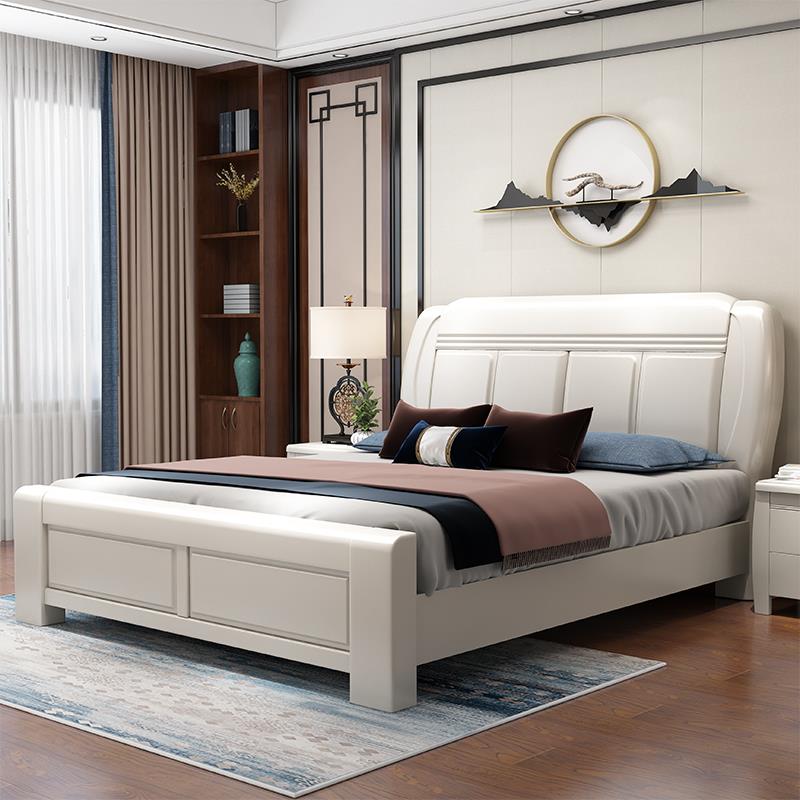 白色主卧室全实木大床 原木高箱储物家具 1.8米1.5家用简约双人床