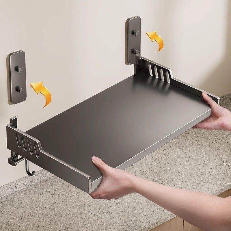 免打孔碳钢厨房壁挂式置物架 带钩微波炉烤箱多用途调味架