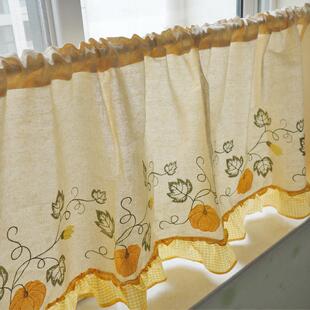 精美南瓜刺绣拼接式半截飘窗小窗户厨房短窗帘半帘新款遮光魔术贴