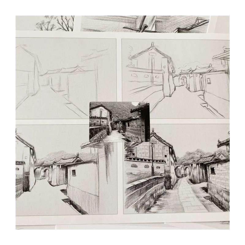 儿童素描风景临摹卡素描入门步骤练习卡片创意美术明信片画稿素描