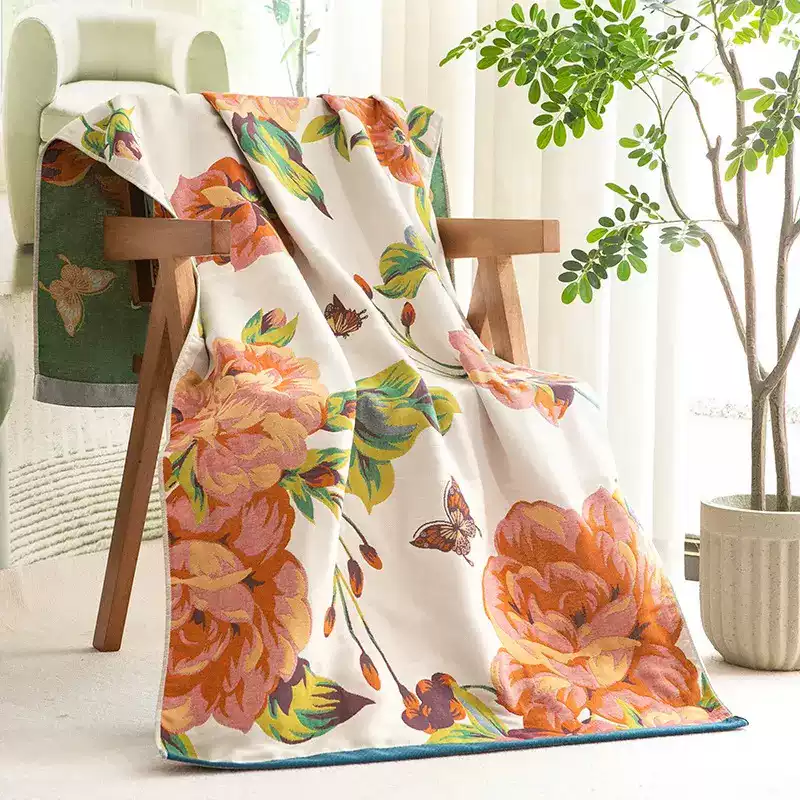 蝴蝶花开图案浴巾洗澡毛巾160x80cm多功能小盖毯四季通用多层成人