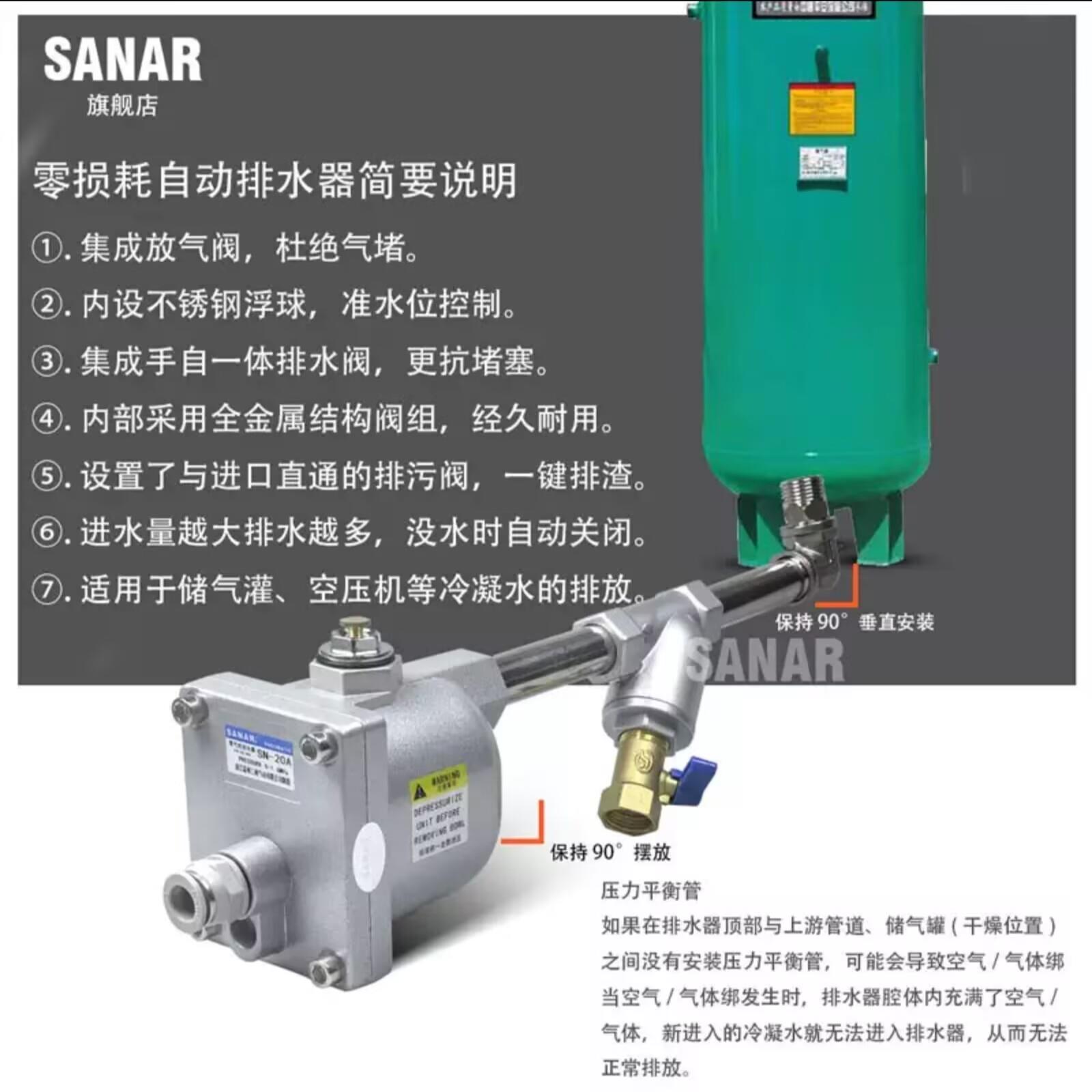 储气罐空压机自动排水器SN-20A气泵放水阀零损耗急速自动排污阀