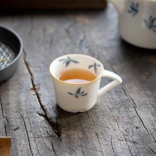 功夫茶具品茗杯 纯手绘兰花小茶杯单杯家用陶瓷带柄防烫主人杯日式
