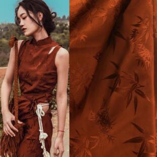 新人造丝竹叶提花面料新中国风民族风格深色图案马面裙旗袍汉代面