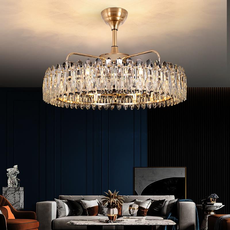 餐厅风扇灯客厅卧室家用一体铜电机新款轻奢现代智能水晶电扇灯