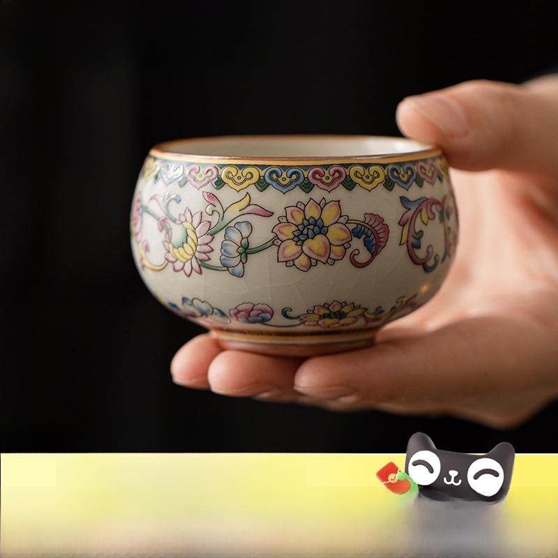 兮元记缠枝莲米黄汝窑陶瓷茶杯主人杯功夫茶具高档品茗杯茶盏