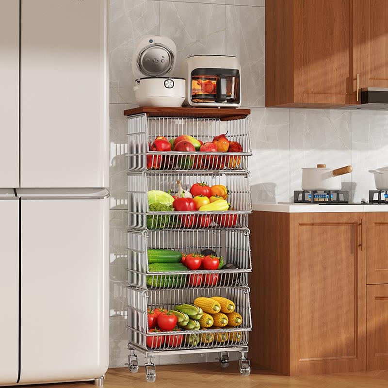 厨房置物架落地水果蔬菜收纳菜篮子沥水家用多功能零食夹缝推车