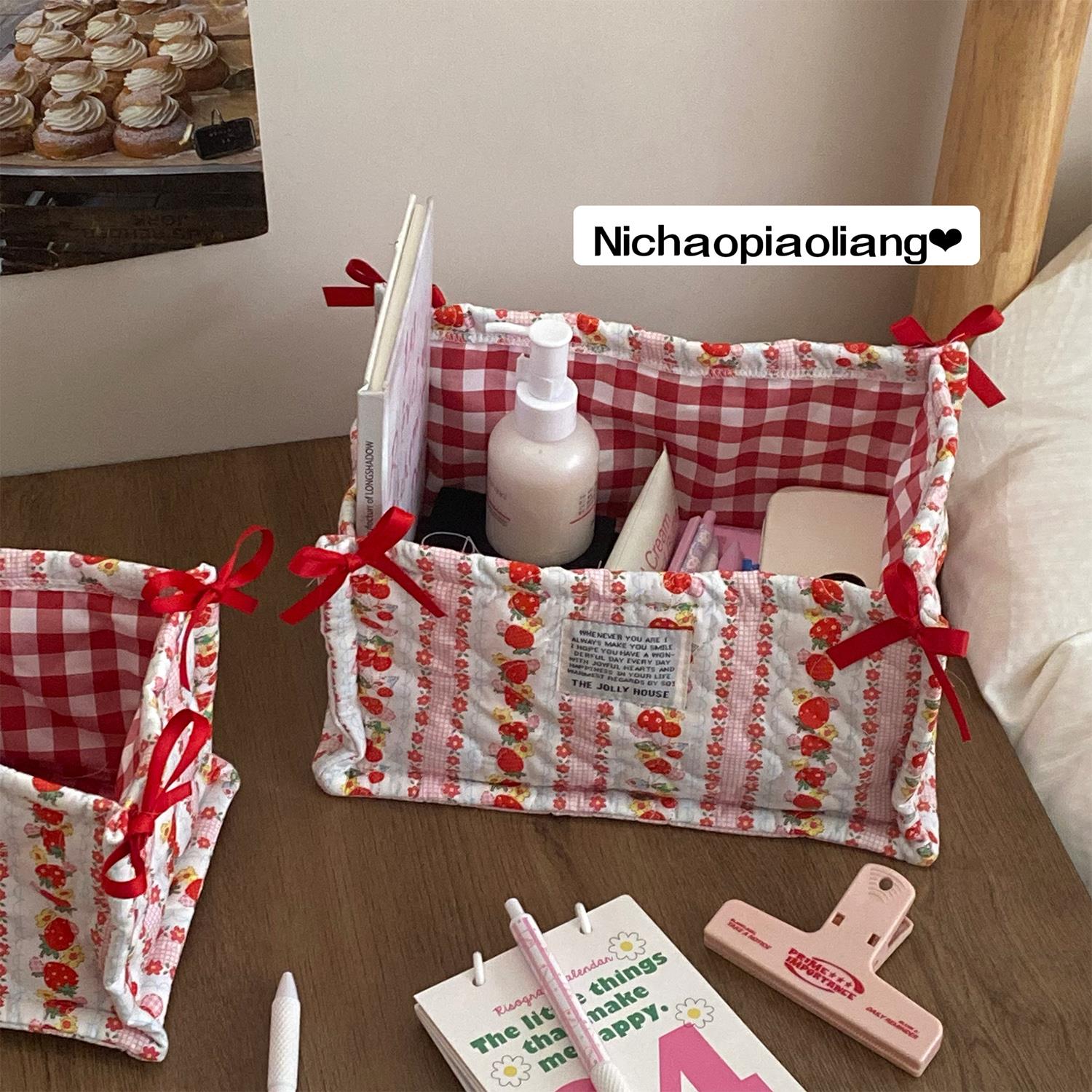 韩系手工布艺桌面收纳筐ins风可折叠收纳盒桌面零食化妆品整理盒