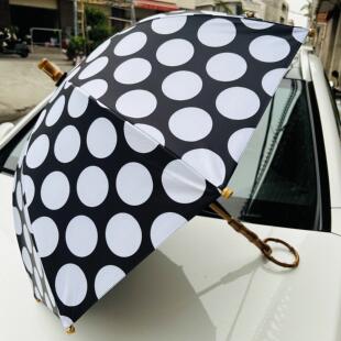 日系木制洋伞圆环竹节手柄黑胶白圆点手动长柄伞晴雨两用防紫外线