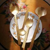 斯堪 纳维亚在西餐铜勺锤打纹理个性 化甜点纯手工黄铜主表勺餐叉