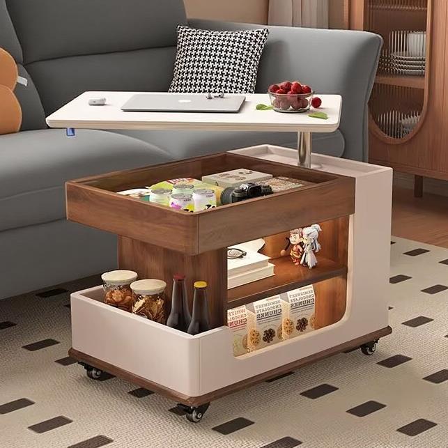 实木升降客厅茶几带轮家用旋转沙发边柜置物架可移动小推车边几