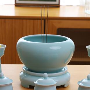 龙泉青瓷大号钵形香炉底座陶瓷供具焚香线香炉香薰炉寺庙供佛摆件