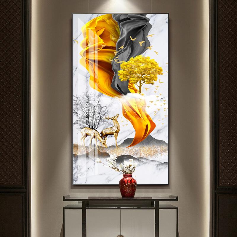 新中式入户玄关装饰画发财树晶瓷镶钻走廊过道墙壁画抽象现代挂画图片