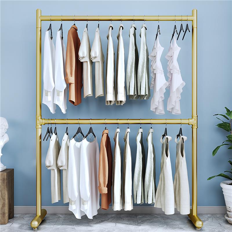 双层衣帽架落地挂衣服架卧室简易家用客厅可升降阳台多层晾晒衣架