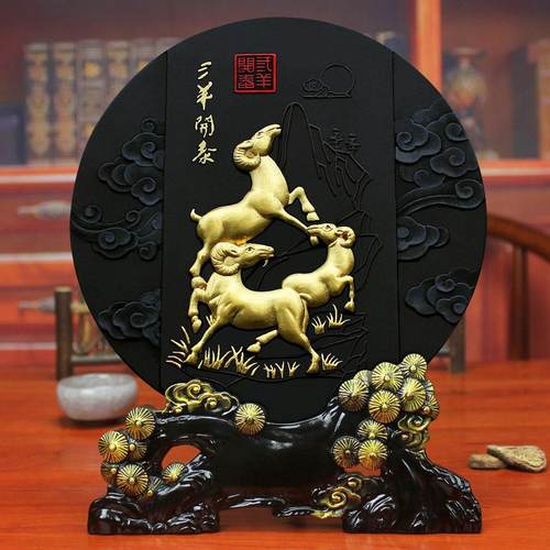炭雕工艺品三羊开泰博古架装饰品三阳开泰客厅书柜摆件招财生肖羊