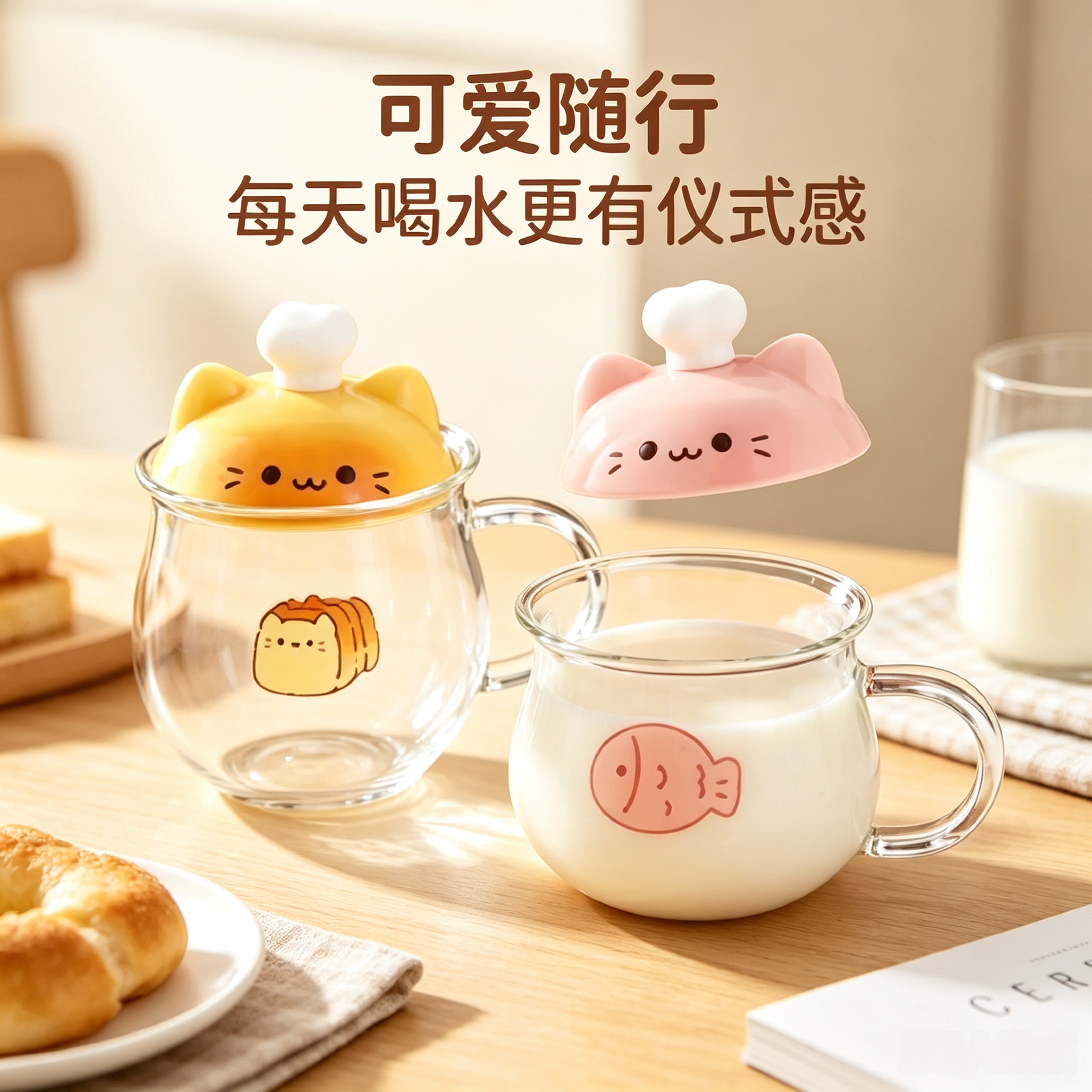 可爱猫咪玻璃杯高硼硅带盖子勺牛奶杯女生日礼物马克杯耐热水杯子图片