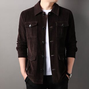 2024秋季新款灯芯绒翻领夹克男士外套韩版修身青年休闲工装外套潮